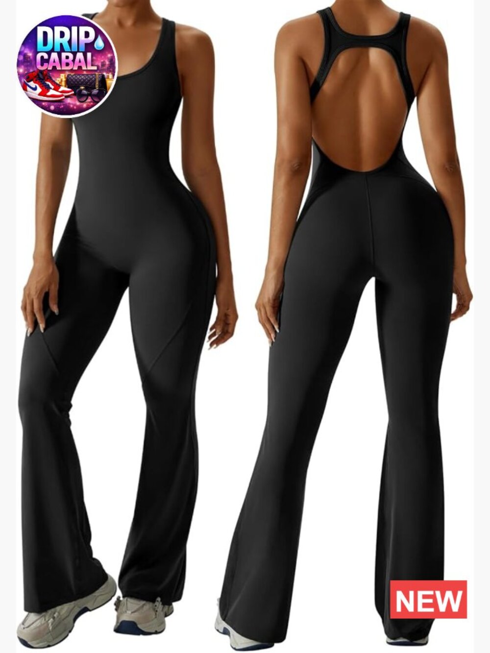 Flare Jumpsuit with Bra Tummy Control Cutout Romper Workout Outfit Sleeveless